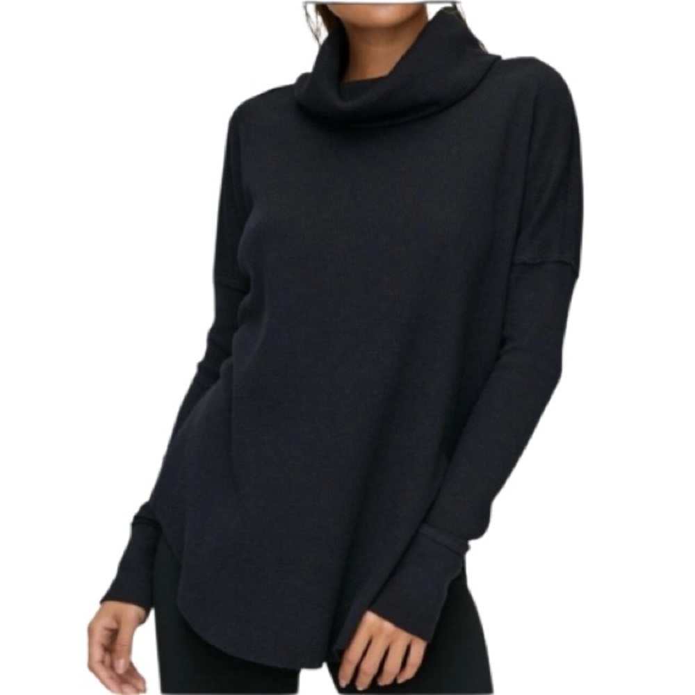 Aritzia TNA Waffle Knit Thermal Cowlneck Longsleeve Top Black Size Large
